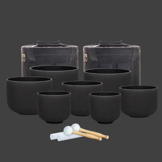 7-12 Inch 7Pcs Black Chakras Frosted Crystal Singing Bowl Set 432Hz 440Hz for Yoga Medication Sound Healing with Free Case